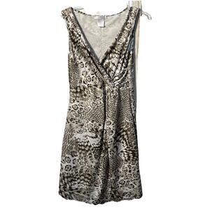 Papillon Blanc Dress V Neck Lined Sheath   Animal Print L Faux Wrap  Verrsatile